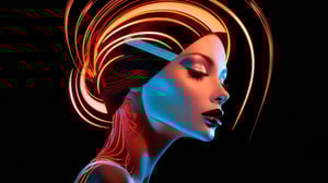 Figura futurista con tonos neón en azul y rojo, mostrando líneas curvas que evocan movimiento y tecnología avanzada, con detalles luminosos que sugieren conexión digital y creatividad aumentada sobre fondo negro.