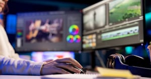 Close up mano en mouse con pantallas de edición de video de fondo - blog super bowl HOF